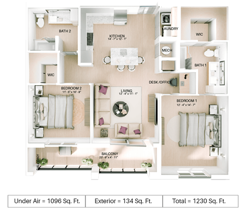 Floor plan for 2 beds, 2 baths, 1096 sqft